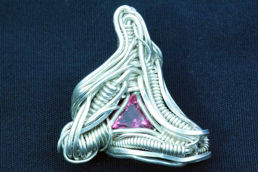 Pink tourmaline wire wrapped silver pendant