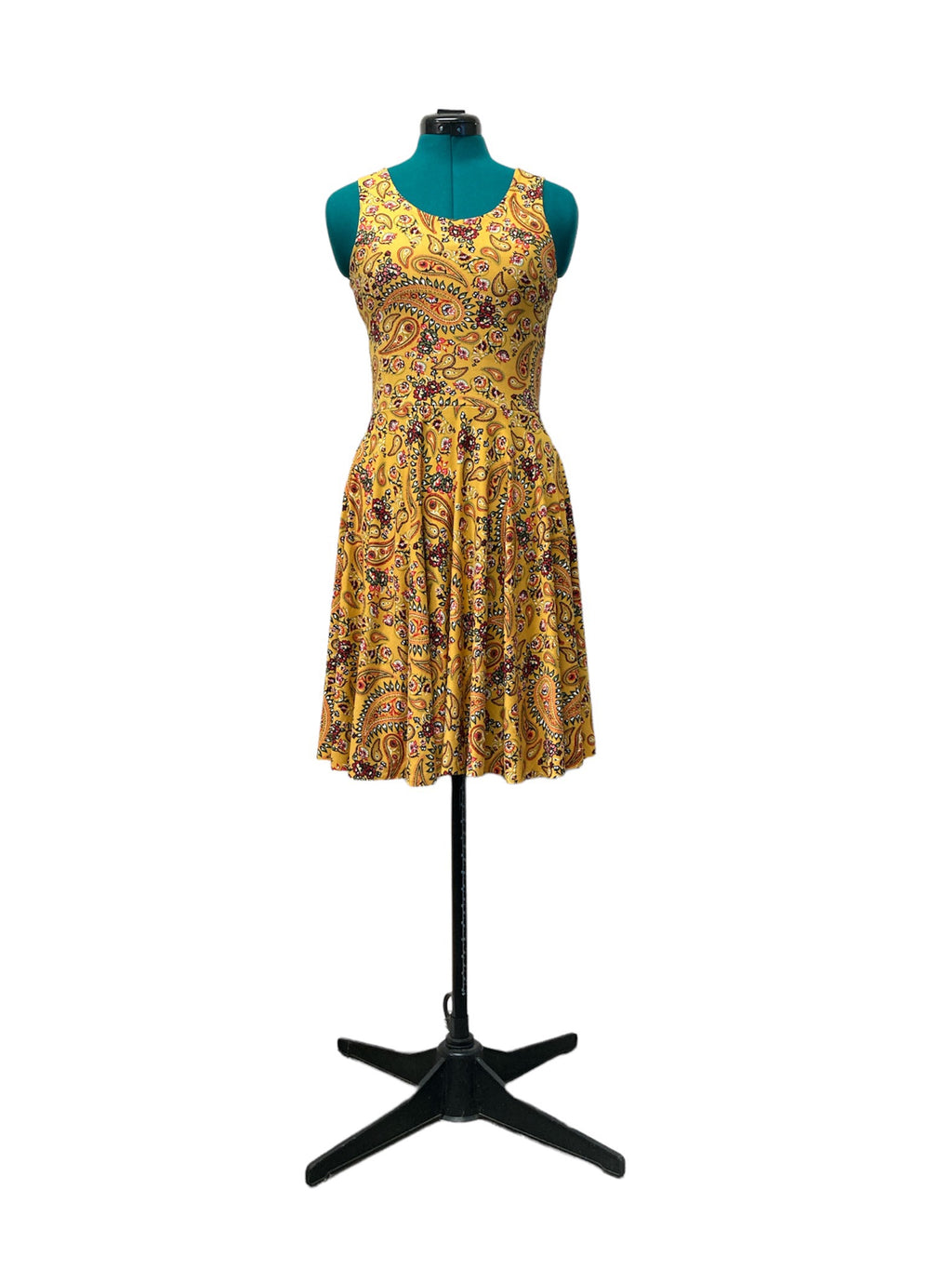 Adult Sleeveless Twirly Dress in Mustard Paisley Size 4