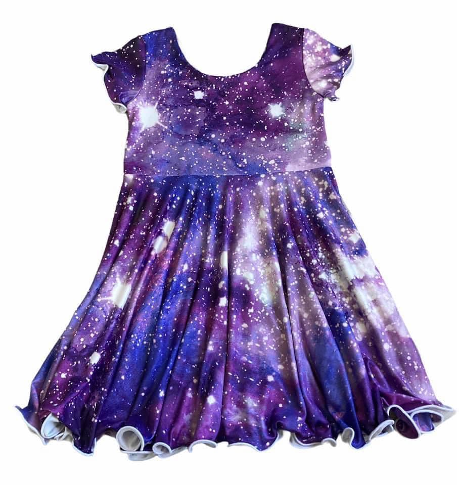 Kids Twirly Dress in Purple Galaxy